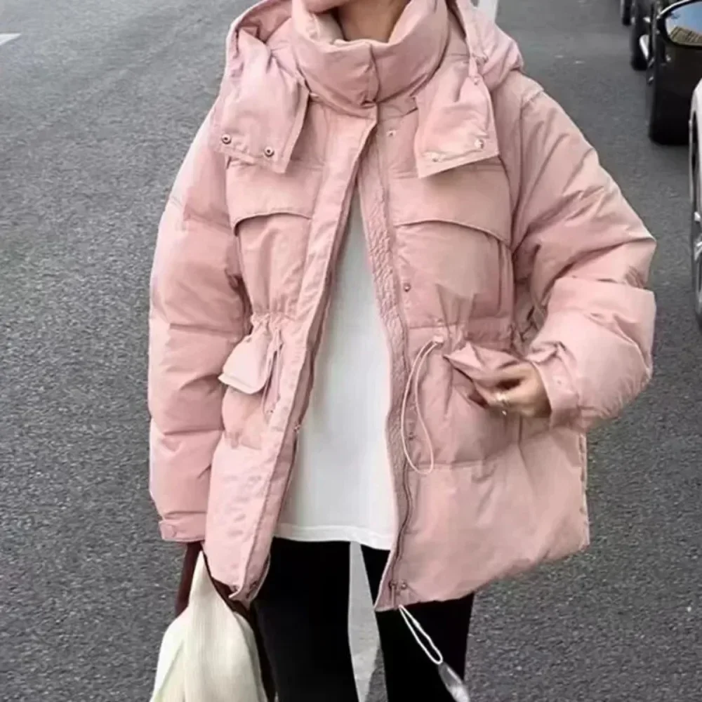 2024 New Winter Coat Female Women Jacket Hooded Stand Collar Parkas Coat Drawstring White Duck Down Jacket Outerwears Fashion