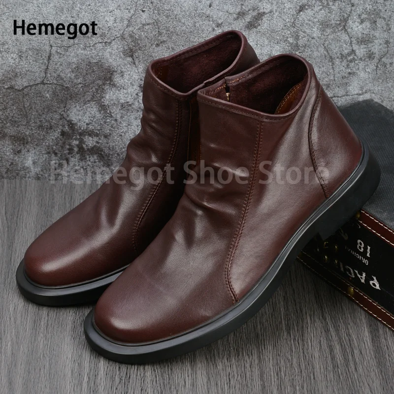 Round Toe Retro Side Zipper Chelsea Boots New Men\'s First Layer Cowhide Boots British Wear-Resistant Tooling Men\'s Shoes