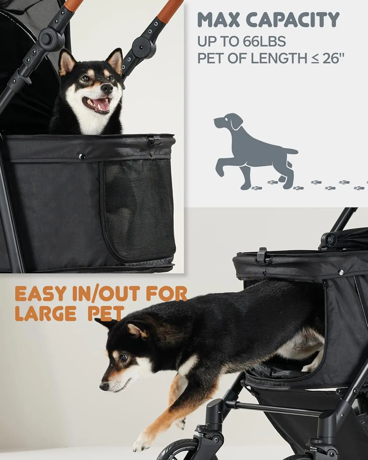 Dogs Up to 66lbs, Adjustable Handle, 180 ̊ Canopy, 4 Wheels for Medium/Large Dogs and Cats