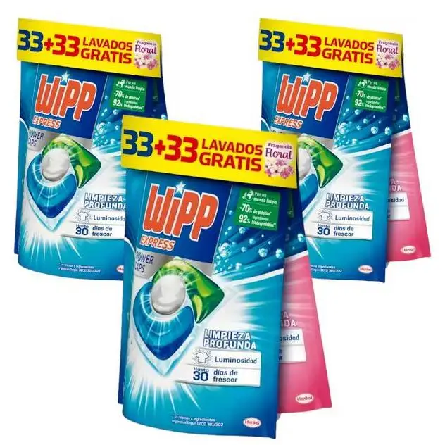 PACK DE 3 -  Wipp Express Power Caps Capsulas 33 Limpieza Profunda + 33 Floral - Eficaz en Agua Fria