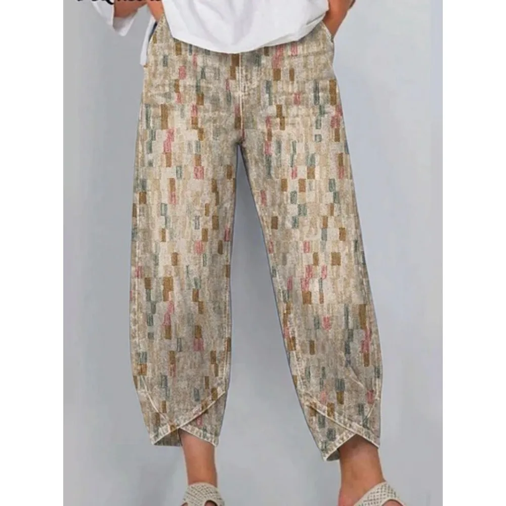 Kurze Harem-Capri-Hose mit abstraktem geometrischem Aufdruck für Damen, Baumwolle, lockere Passform, Tulpen-Wickelhose, knöchellange Freizeithose, XXS-4XL – Detail 23