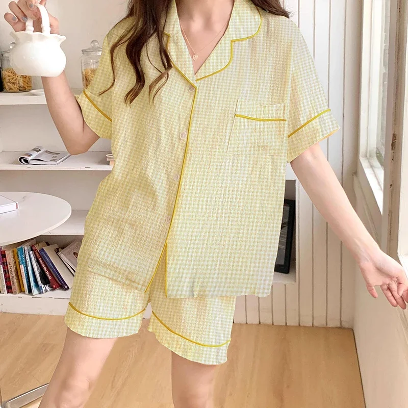 Sweet Kawaii Cute Y2k Plaid Cloud Cotton Women\'s Pajamas Japan & Korean Harajuku Simple Sleepwear 2024 New Summer Lazy Nightwear