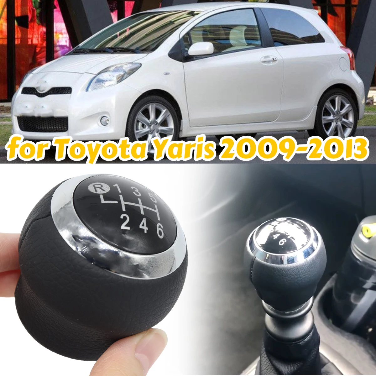 

6Speed Gear Shift Knob Lever Shifter Stick Handball Cover for Toyota Yaris 2009-2013 Pen Chrome M12 Round Head R Up Replacement
