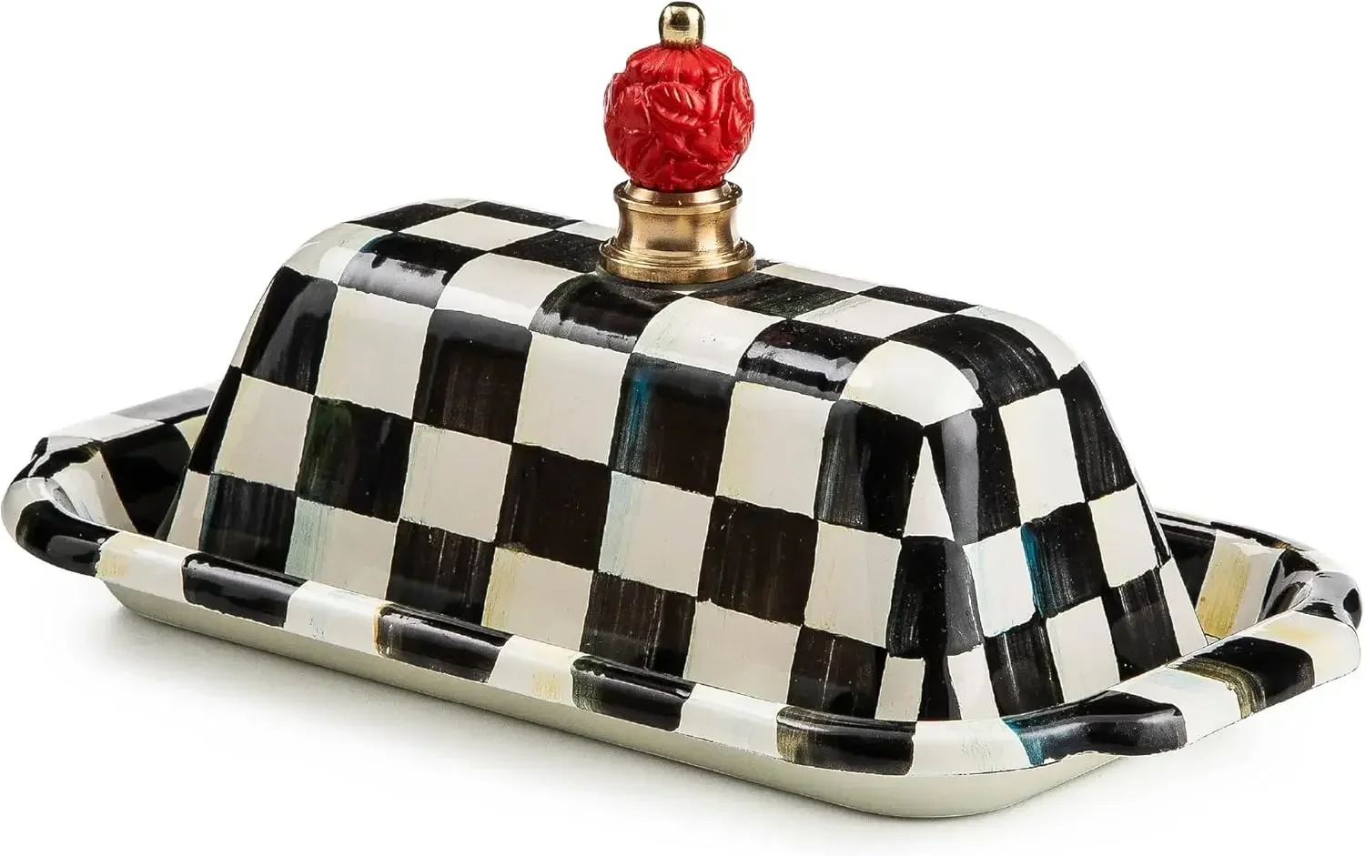 Enamel Butter Box, Cute Lidded Enamel Butter Dish, Black-and-White Courtly Check