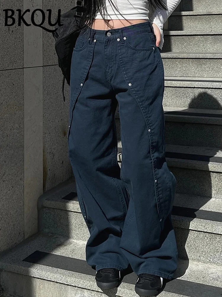 Bkqu Mode gerade weites Bein Hosen Frauen Baggy Jeans neue amerikanische hohe Taille unregelmäßige Nieten Design waschen Jeans hose