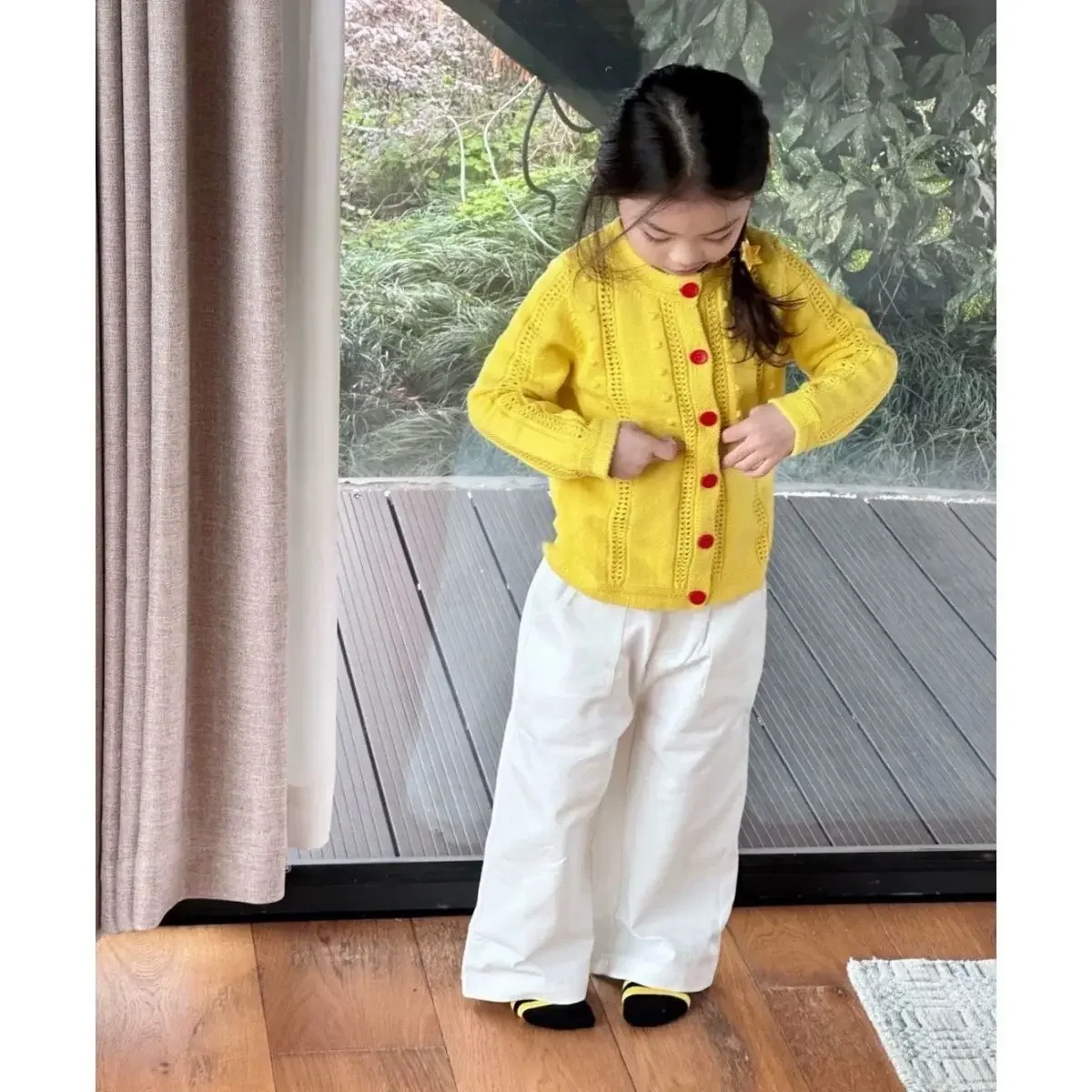 

Baby Girl Knitted Cardigan Sweater Yellow Spring Autumn New Style Children's Jacket 90-140CM
