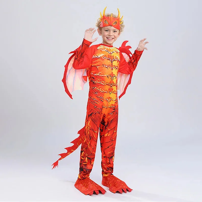 

Flame Knight Fire Breathing Dragon Jumpsuit Cosplay Anime Halloween Costume for Kid Party Dress Masquerade Loong Wing Tail Prop