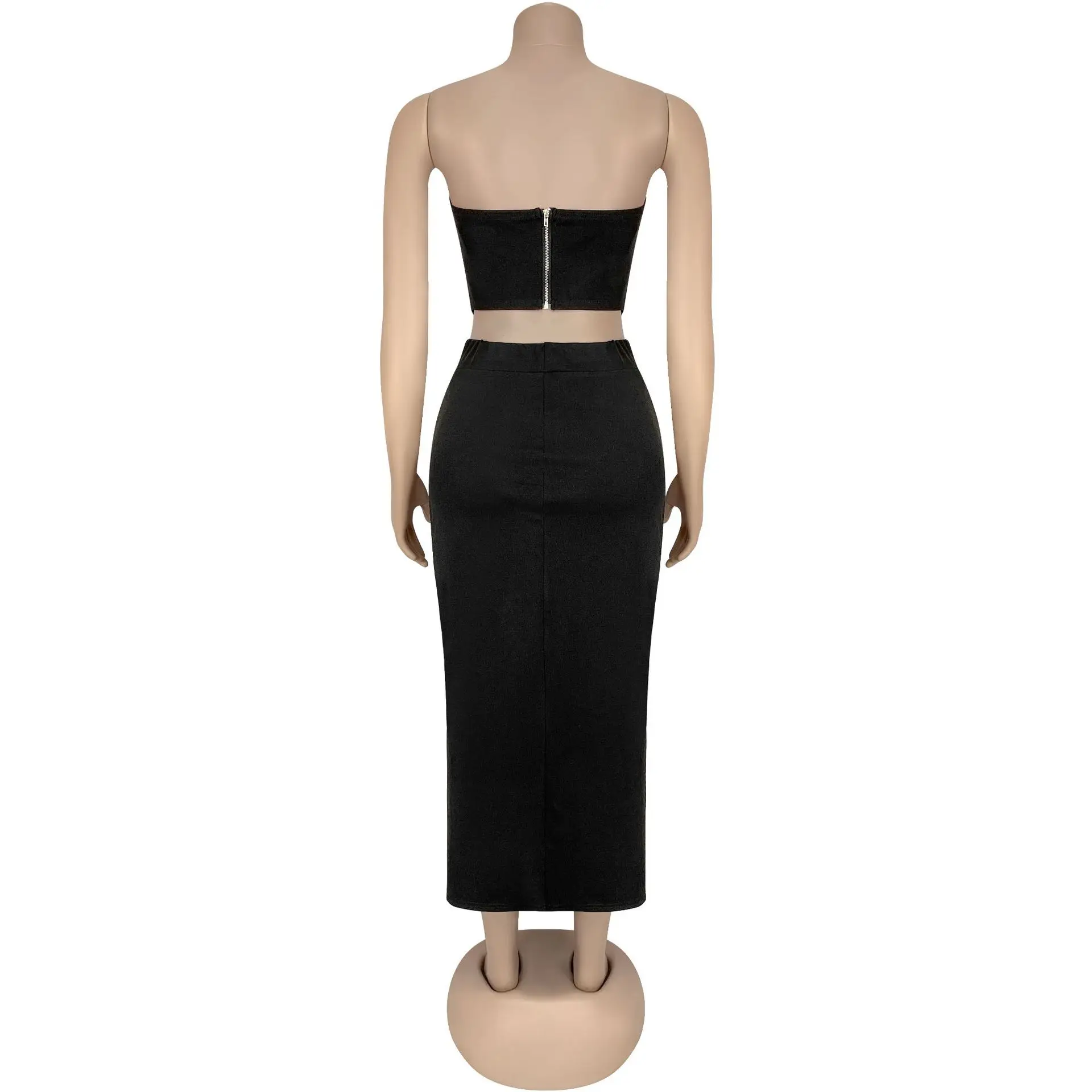 SKMY 스커트 세트 섹시한 스트랩리스 탑스 스플릿 롱 스커트 우아하고 패셔너블한 솔리드 컬러 여름 2025 신상 투피스 여성복