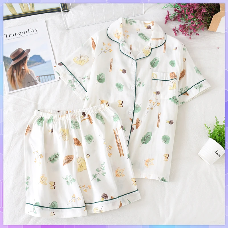 

Women's Pajamas Shorts Woman Set Japanese Summer Ladies Cotton Short Sleeve Sleepwear Set Gauze Thin Section Nightie Home Clothe