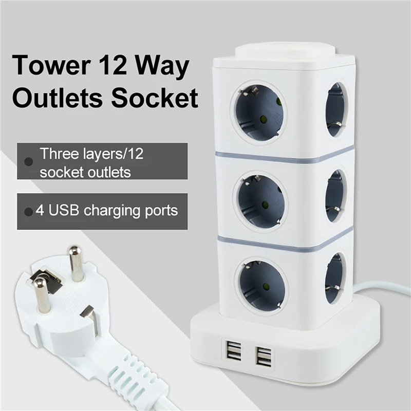 Tower 12 Way Outlets Socket Multi Power Strip Vertical 3m Extension Cord EU Plug with 4 USB Overload Protector Switch 220V 10A