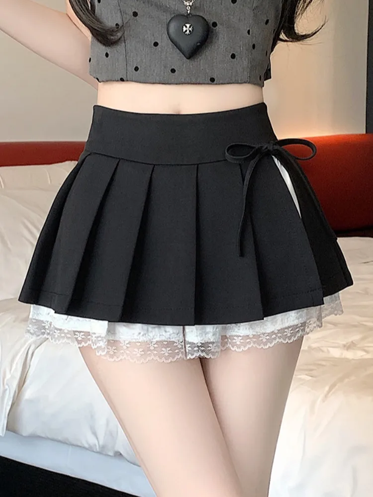 High Waist A-Line  Skirt with Lace Patchwork ort Pants Design Summer Thin Sense Split Pleated Skirt Sexy Girl f Body...