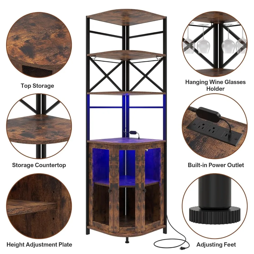 Armoire à vin avec prise de courant, armoire à vin industrielle à 6 niveaux avec éclairage LED et porte-verre, coin vin, personnalisé