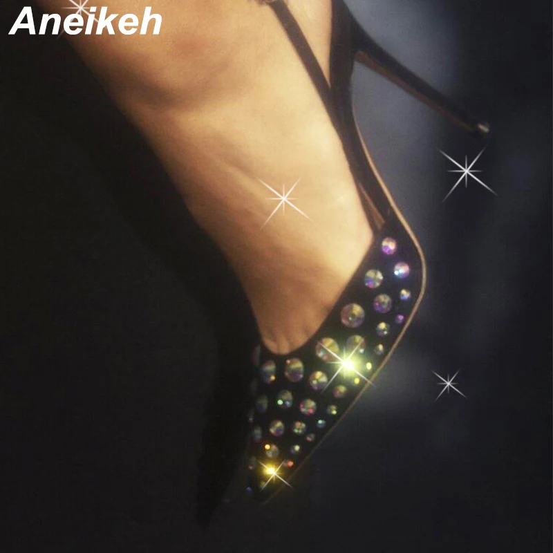 Aneikeh Summer Color Rhinestone Pointed High Heel Shoes Silk Sexy High Heel Decoration Ankle Buckle Strap Crystal Party Pumps 42