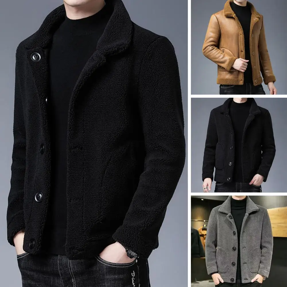 Zipper Pocket Jacket Stylish Men's Lapel Coat With Reversible Design Faux Leather Accents Long Sleeve Single Breasted For Winter