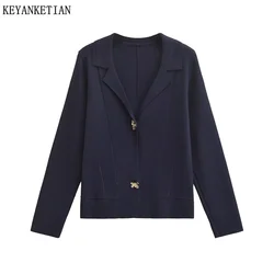 KEYANKETIAN 2024 Autumn New Women's Flower Buttons Decoration Knit Cardigans Office Lady V-Neck Long Sleeve Navy blue Sweater