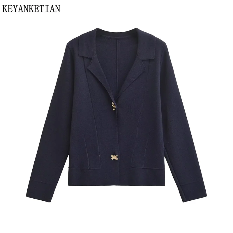 KEYANKETIAN 2024 Autumn New Women's Flower Buttons Decoration Knit Cardigans Office Lady V-Neck Long Sleeve Navy blue Sweater