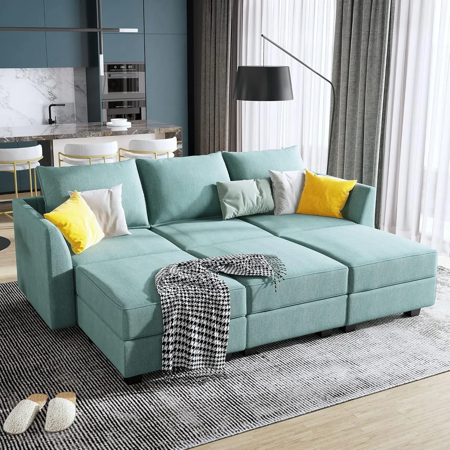 Convertible Sectional Sleeper Sofa with Storage Seats Modern Modular Sofa Sectional Couch with The Ottomans, Aqua Blue