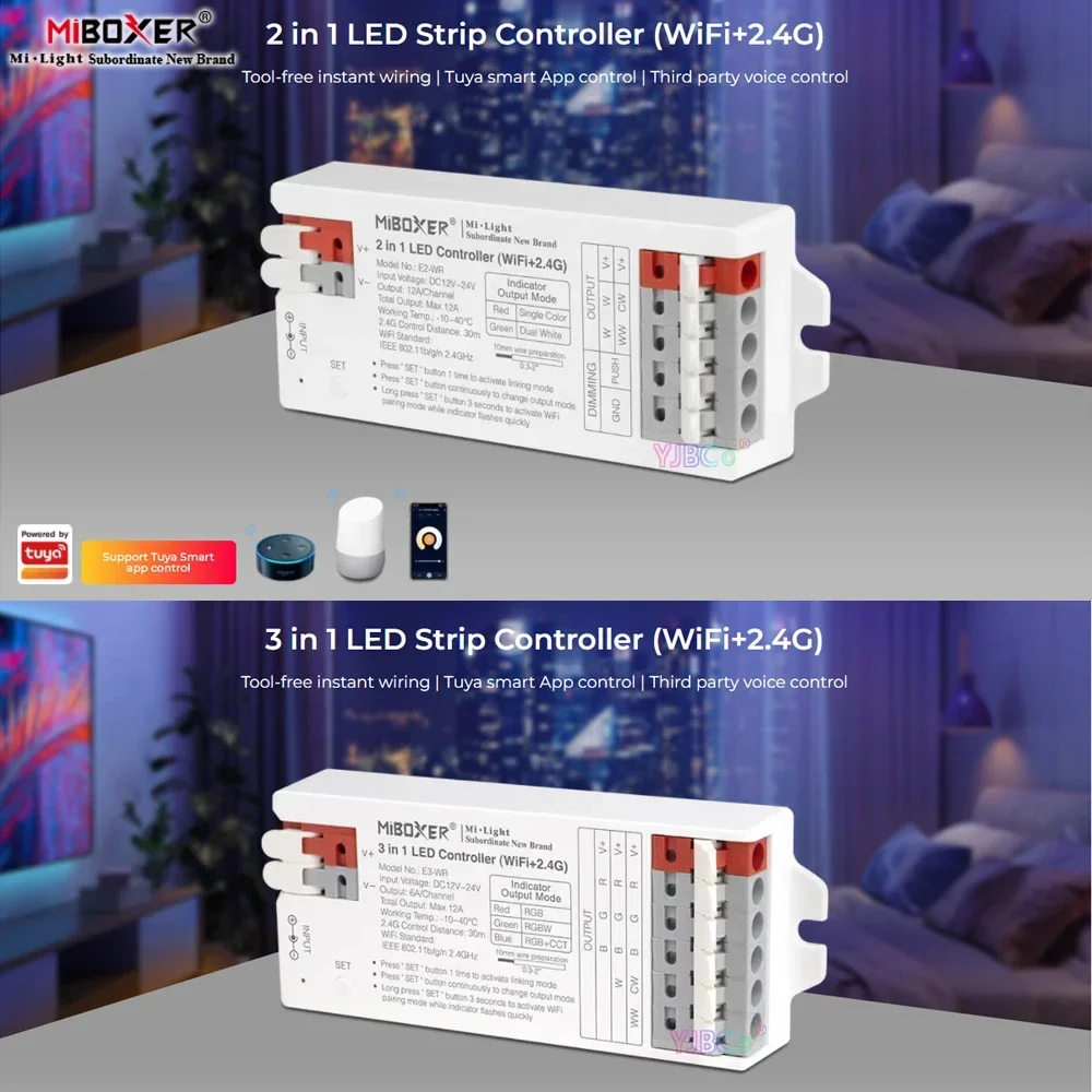 Miboxer 12V 24V 2.4G WiFi (RGB/RGBW/RGBCCT) Controlador de tira de LED 3 en 1 (un solo color/doble blanco) Atenuador de cinta de luz 2 en 1