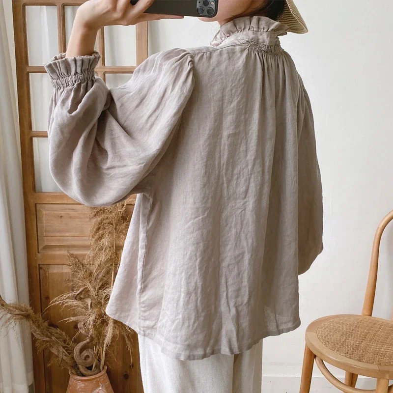 Vintage Linen Womens Tops And Blouses 2024 Spring Autumn New Ruffles Collar Tie Loose Simple Female Shirts