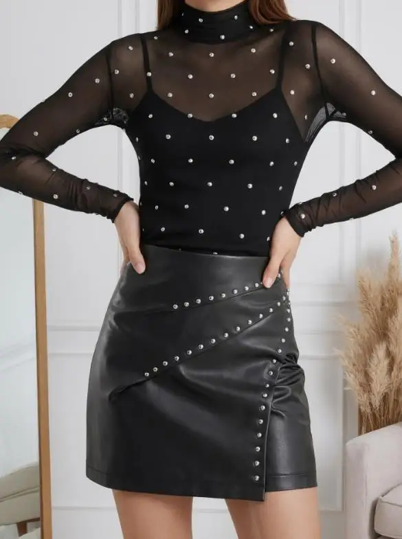 

Autumn new fashionable willow nail high waisted A-line skirt, slimming and hip hugging short skirt, PU leather skirt for women