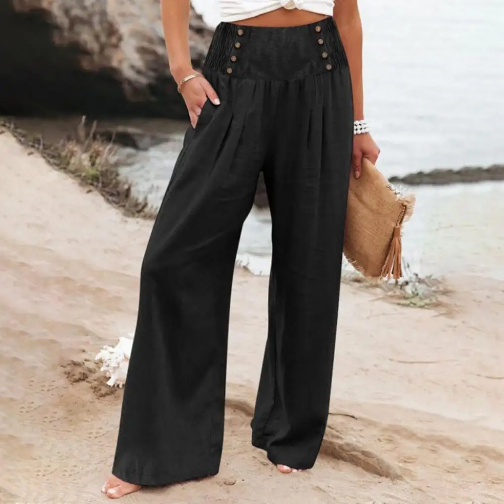 Women Spring Summer Casual Pants Wide Elastic Waist Buttons Decor Long Pants Solid Color Wide Leg Pockets Trousers Streetwear