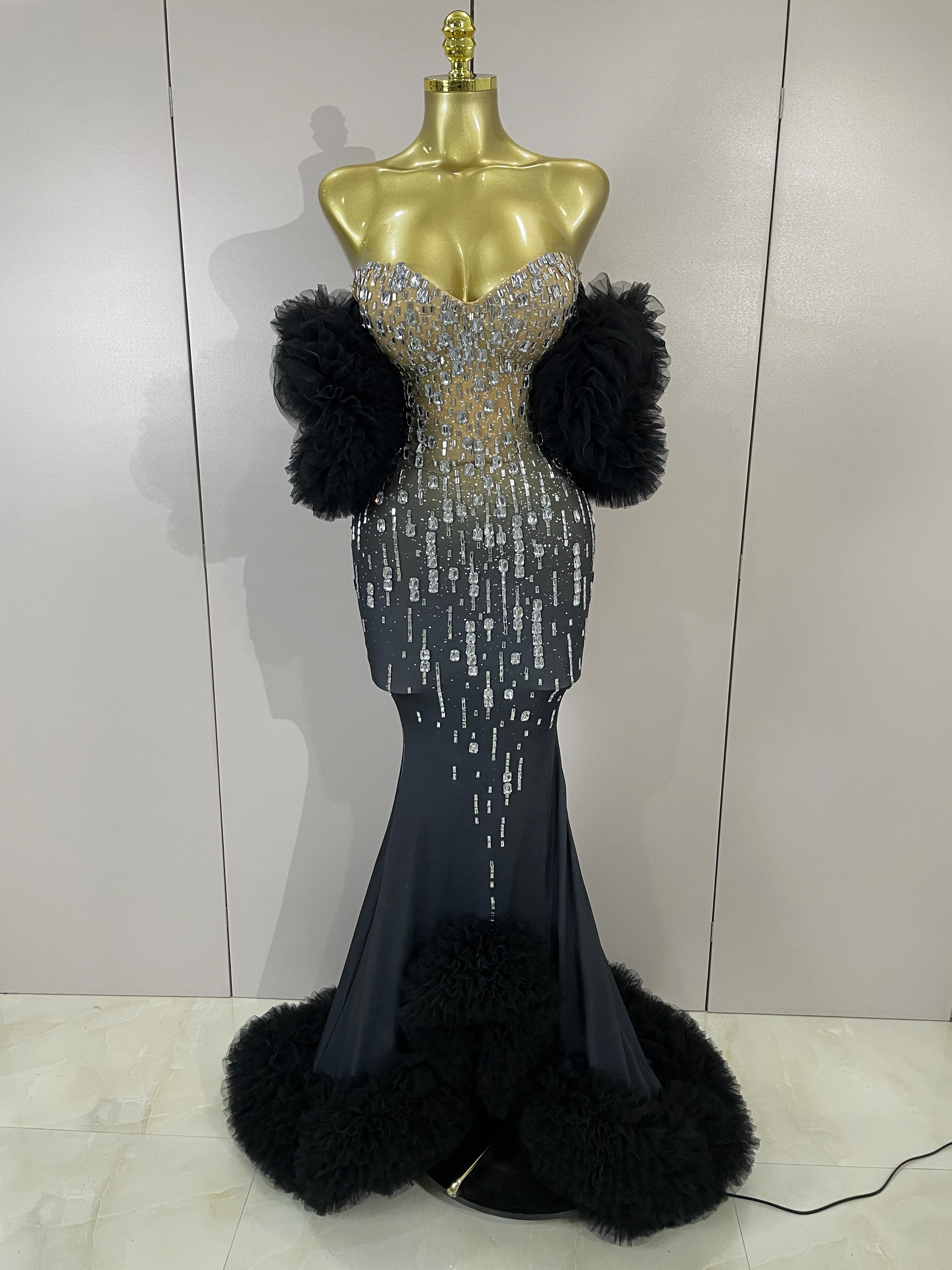 

New Sparkly Diamonds Strapless Stretch Long Dress Luxury Eveing Party Birthday PhotoShoot Dress Singer Nightclub Stage Costume