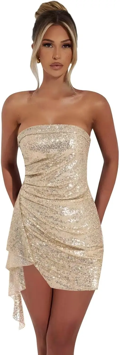 Glitzernde Pailletten-Abiballkleider für Teenager, kurzes, trägerloses, enges Mini-Cocktailpartykleid mit Rüschen und Abendkleidern