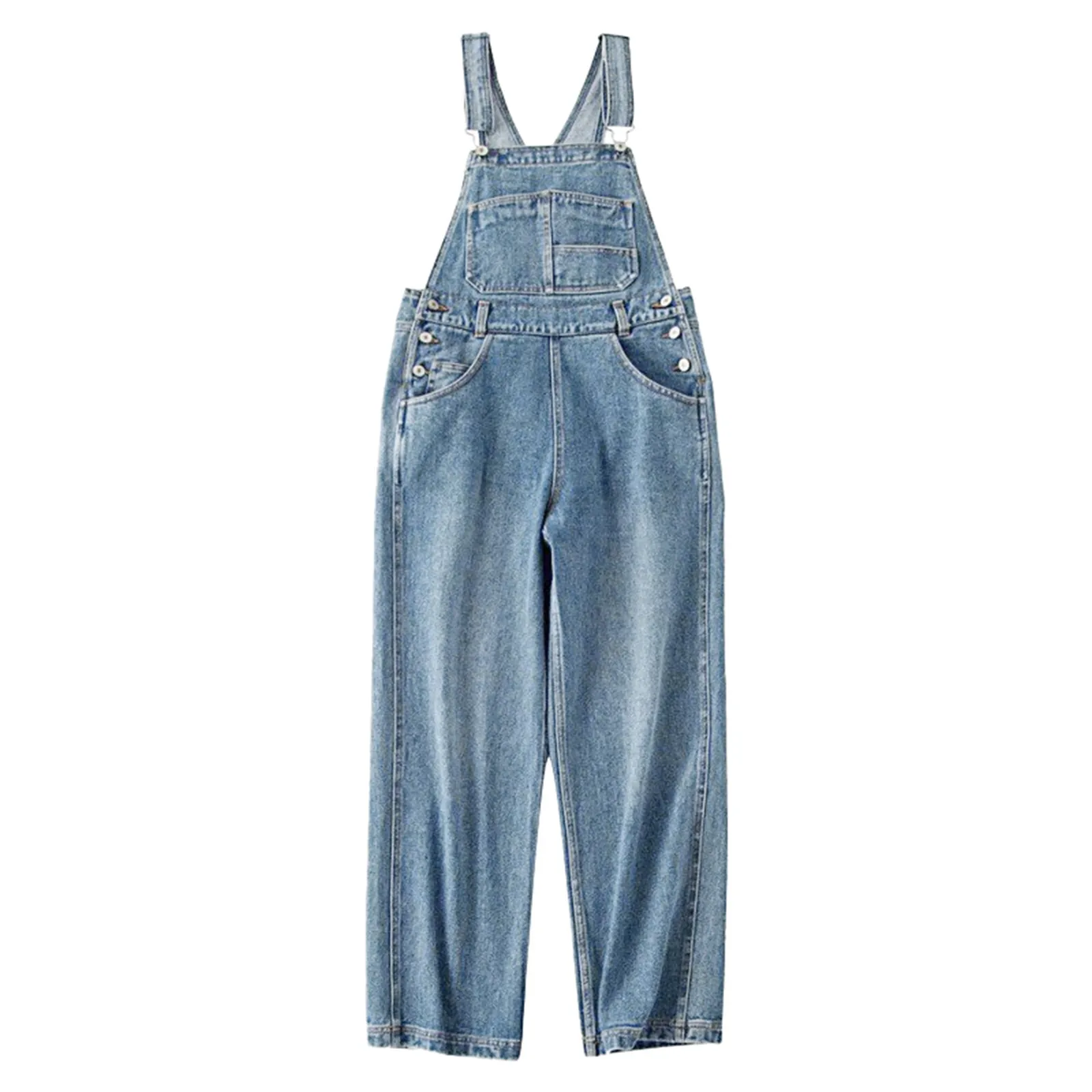 Jumpsuit Denim wanita musim panas, Jumpsuit Denim wanita, Romper pinggang tinggi, longgar, tali pinggang tinggi, overall kaki lebar, biru muda, Multi saku, 2024