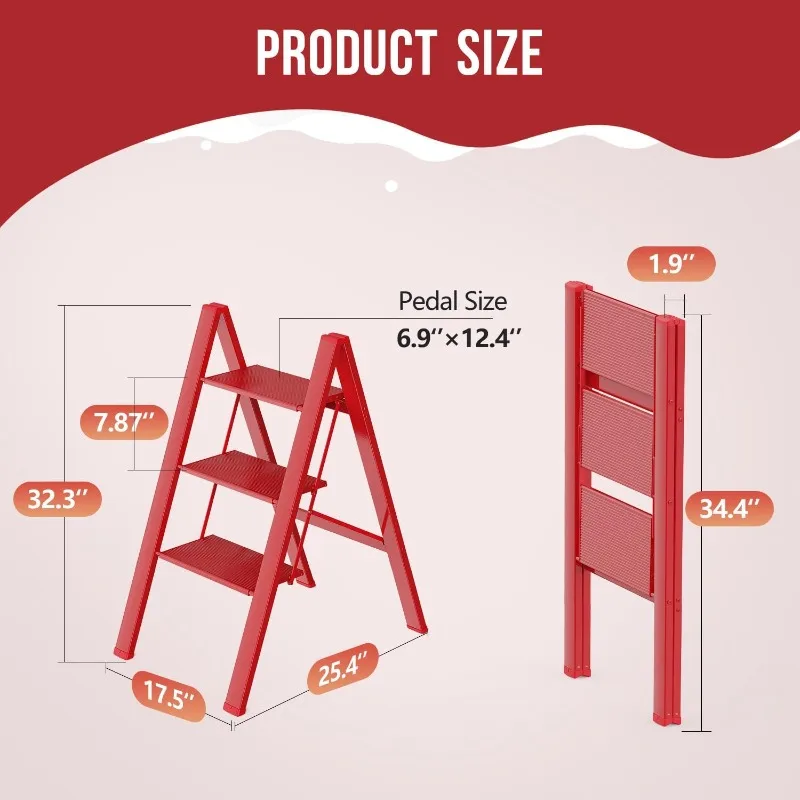 3 Step Ladder, Portable Step Stool to Reach High, Lightweight Aluminum Ladder 300 lbs Capacity, Foldable Compact Ladder