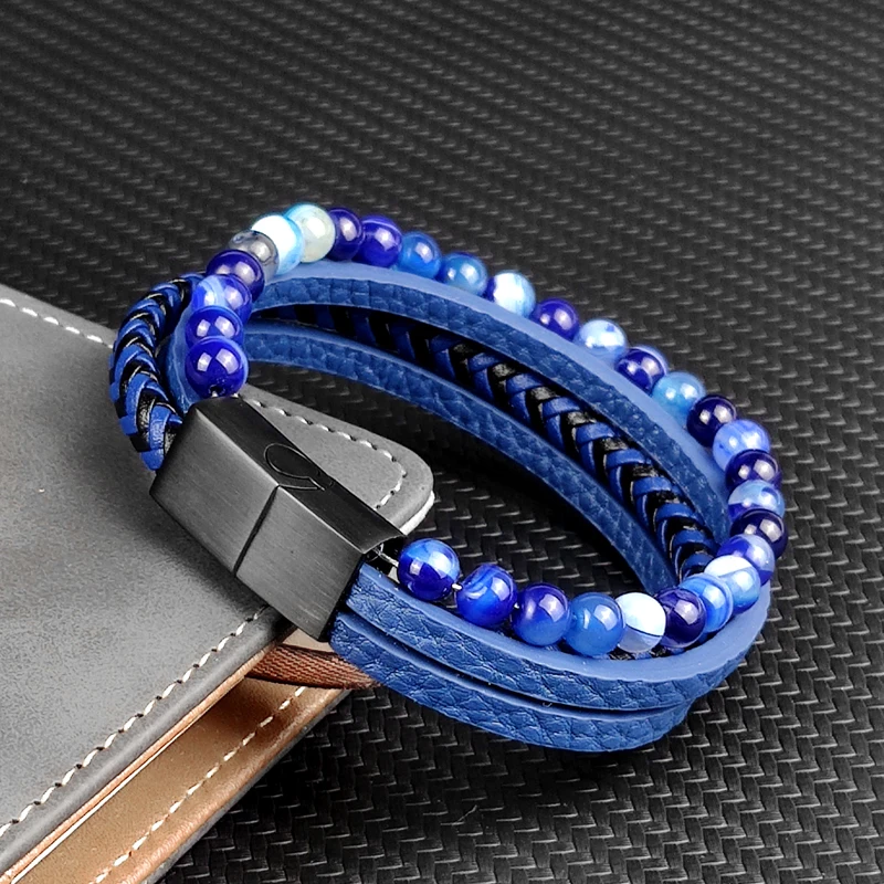 Titanium steel Blue Natural Stone Beaded Leather Multi-Layer Braided Bracelet Magnet Buckle Black Blue Mixed Leather Bracelet