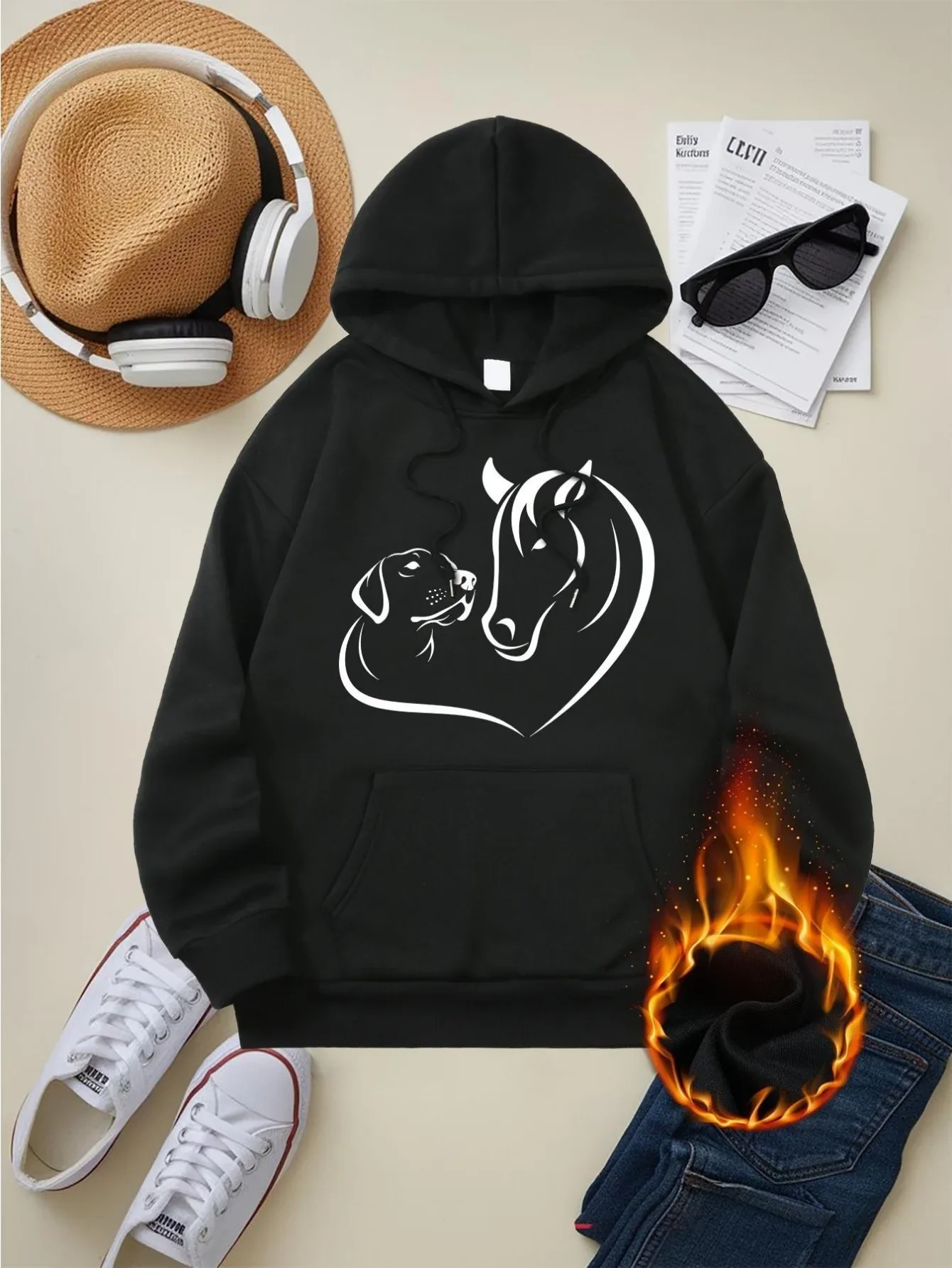 ผู้หญิงลําลองHoodieสุนัขม้าหัวใจพิมพ์Breathable Pulloverพร้อมกระเป๋าความคิดสร้างสรรค์สไตล์แขนยาวNovelty New In