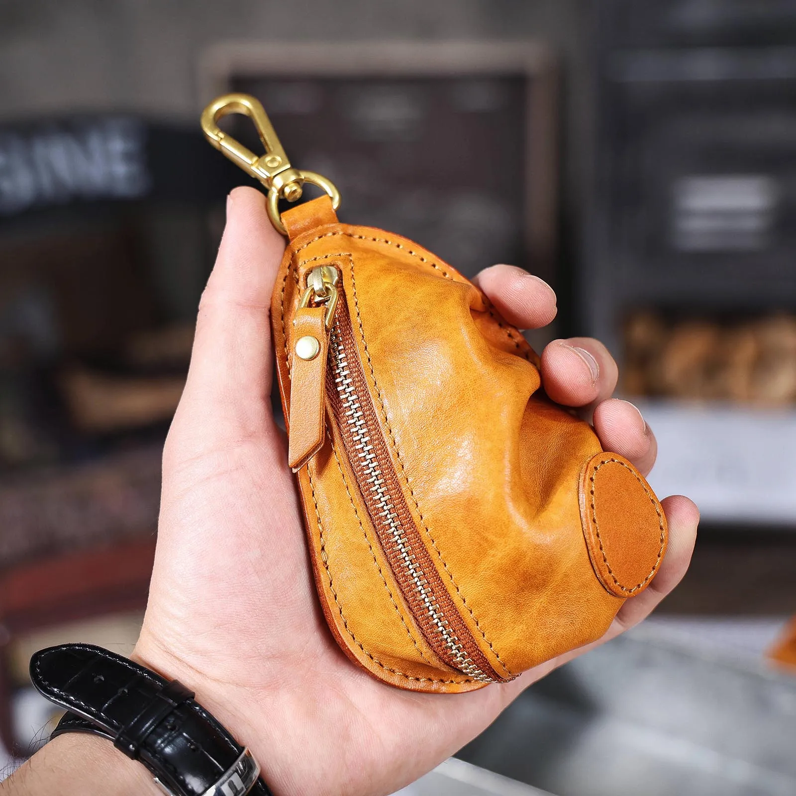 Echtleder Autoschlüsselhalter Unisex Casual Schlüsseltasche aus pflanzlich gegerbtem Rindsleder Gürteltasche für Münzen. – Detail 15