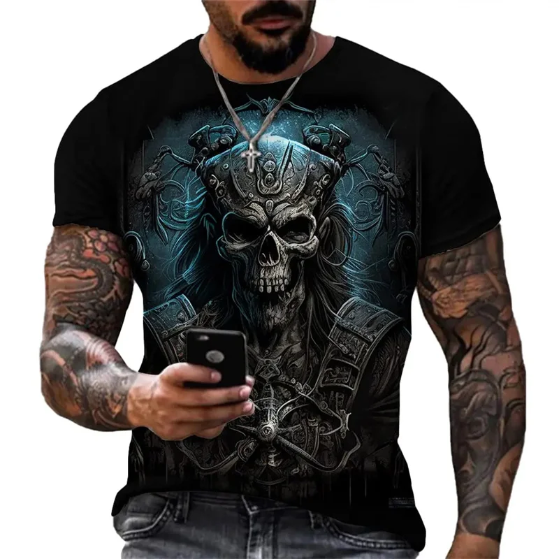 3D Print Skull T Shirt For Men Dazzling Cool Trend Tee Shirt Fibre Material Clothing O-neck Loose Short Sleeve Breathable Top