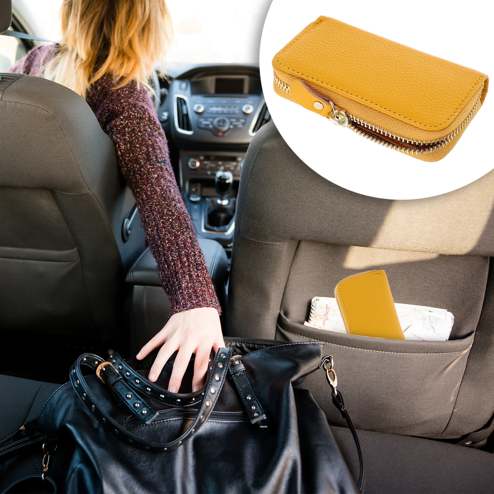 

Bright Yellow Car Key Organizer 6 Hooks Zipper Wallet Durable Waterproof Easy Access Men Women Students