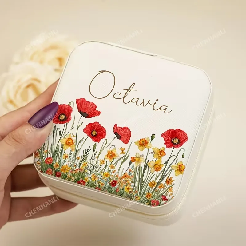 Custom flower field Beige jewelry box, custom name, bridesmaid gift, graduation birthday gift for sisters friends,best gift - view 3