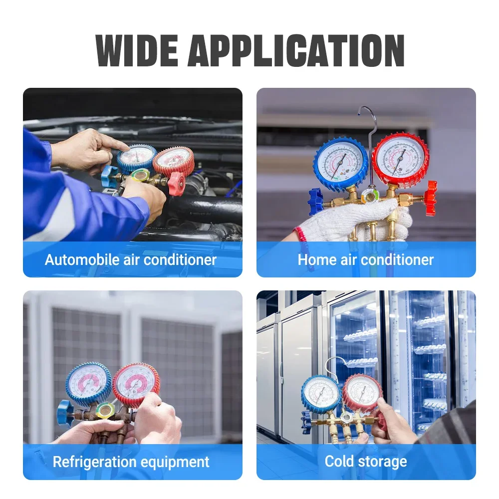 3-way Refrigerant Manifold Instrument R12/R22/R134a/R404A With 3 Hose & Hook For Automobile/Household Air Conditioning Service