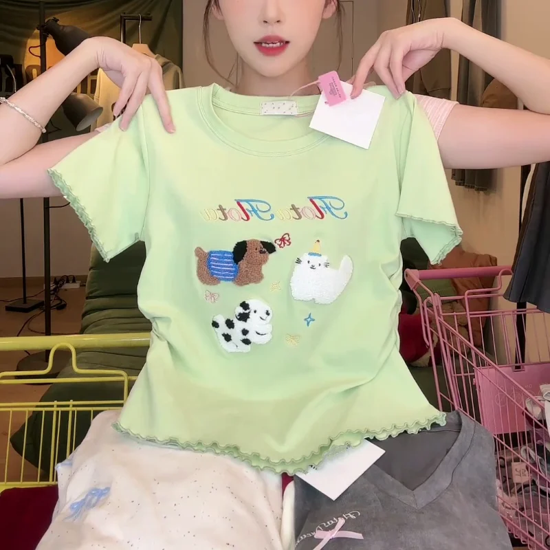 

Japanese Style Cute Light Green T-shirts Women Harajuku Streetwear Short Sleeves Tees Y2k Vintage Loose Cartoon Oversized Tops