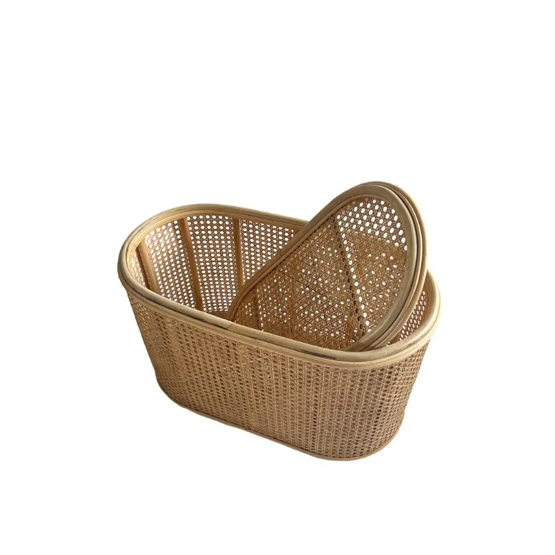 Japanese Style Chinese Style Circular Cylindrical Solid Wood Rattan Weaving Living Room Clothes Storage Basket Clothes Sorting