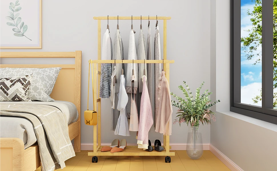 Rolling Clothes Hanging Rack with Double-Rod Wooden Garment Stand with Wheels