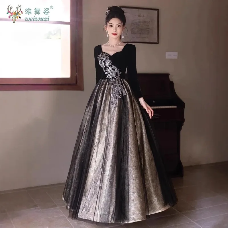 

Autumn and Winter New French Style Sequin Embroidered Evening Dress Black Long Sleeved Patchwork Tea Gold A-line Evening Dress