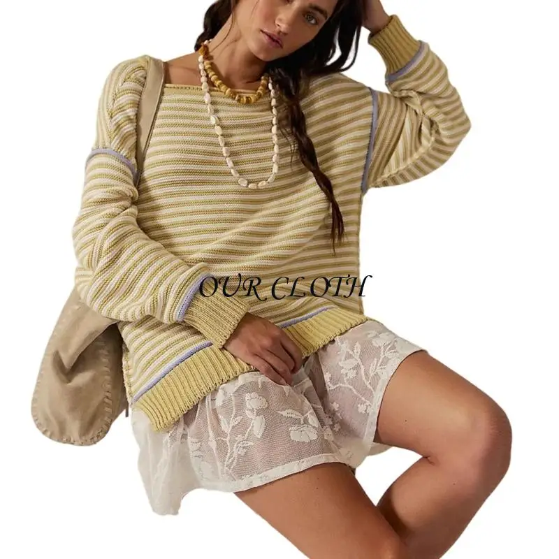 

Женские пуловеры, свитера с длинными рукавами и круглым вырезом в полоску, вязаный повседневный свитер Y1AC