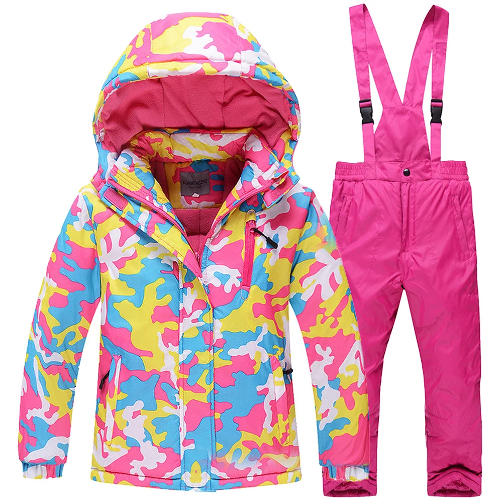 

Camouflage Ski Suit for Boys Girls Waterproof Windproof Snowsuit Winter Two-Piece Ski Hooded Jacket + Bib Trousers