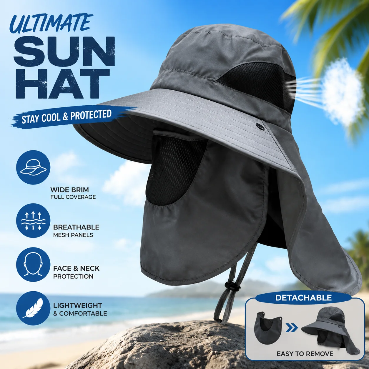 Uni Summer Wide Brim Waterproof and Quick-drying Panama Caps Outdoor Visor Bucket Hats Mesh Breathable Sun Hat with Neck Flap