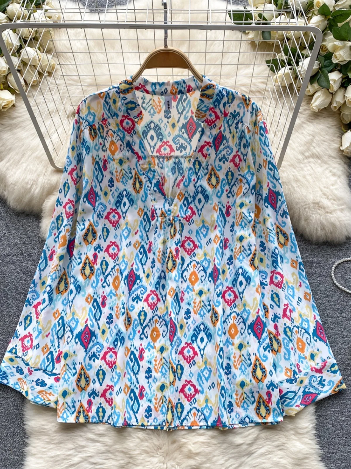 

Fall Long Sve Floral Chiffon irt Women's Loose Casual Versatile Sli V-Ne Lazy Sle Slimming Top Korean Sle