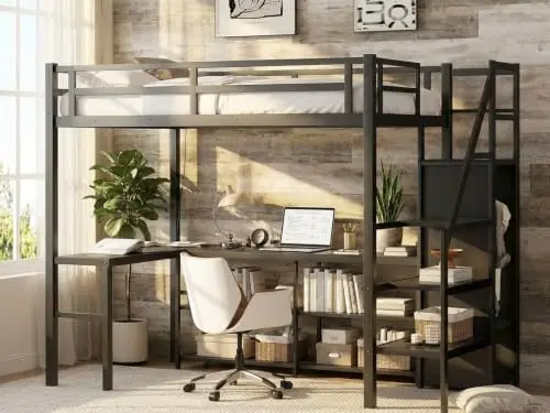 Twin XL Loft Bed with L-Shaped Desk and Storage Stairs, Metal Loft Bed with Wardrobe and USB Charging Station, High view 2