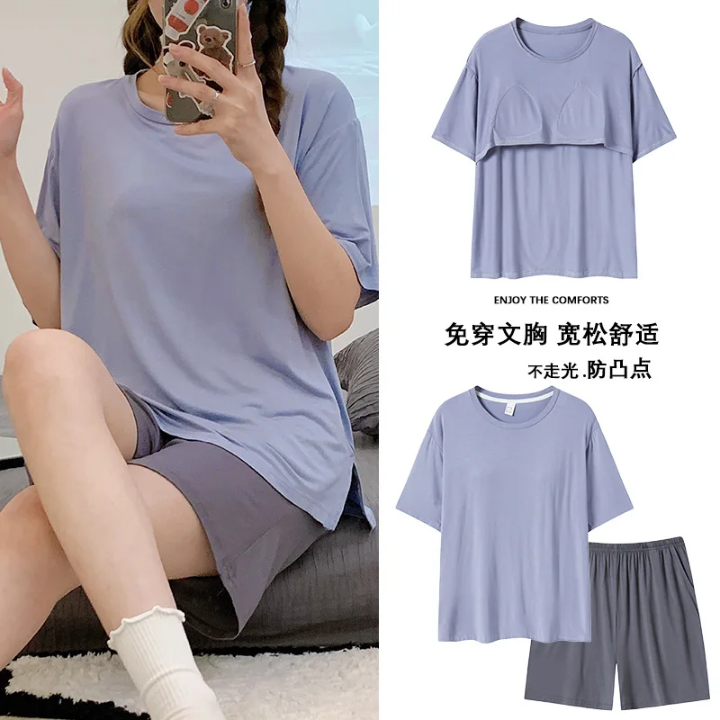 

2023 Short-sleeved Pajamas Women's Summer Thin Cotton Homewear with Chest Pad Home Wear Anti-Bulbs Can Be Worn Out Set