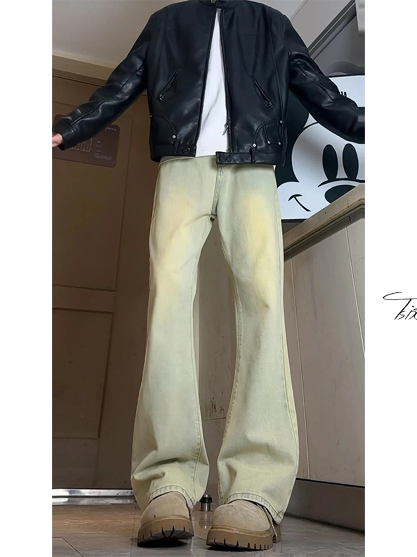 

Мужские джинсы-клеш в стиле ретро American Cleanfit: модные, свободные, прямые, длинные брюки из хлопка с эффектом потертости для повседневной носки.