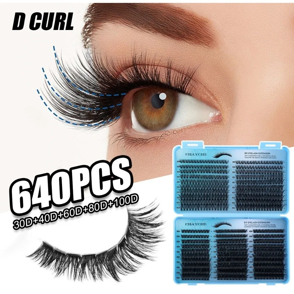 640Pcs 8-16mm Length False Eyelashes Wispy Style Thick Volume 3D Faux Mink Lash D Curl Fluffy Texture DIY Lash Extension Kit