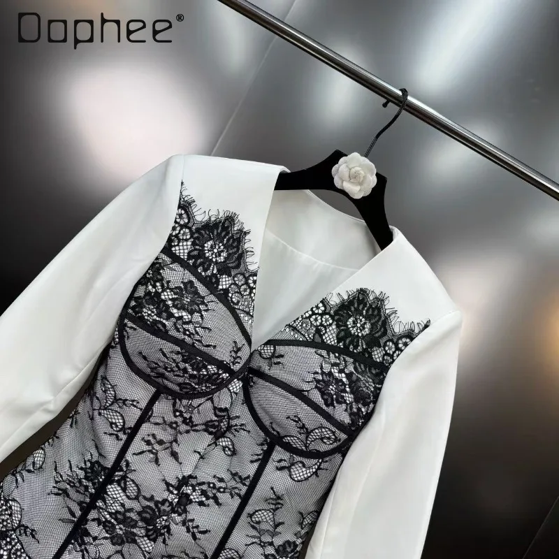 سترة أنيقة لخريف 2025 متعددة الاستخدامات مُزينة بالدانتيل مكونة من قطعتين وأكمام طويلة ورقبة على شكل حرف v سترة كورية أنيقة عصرية راقية