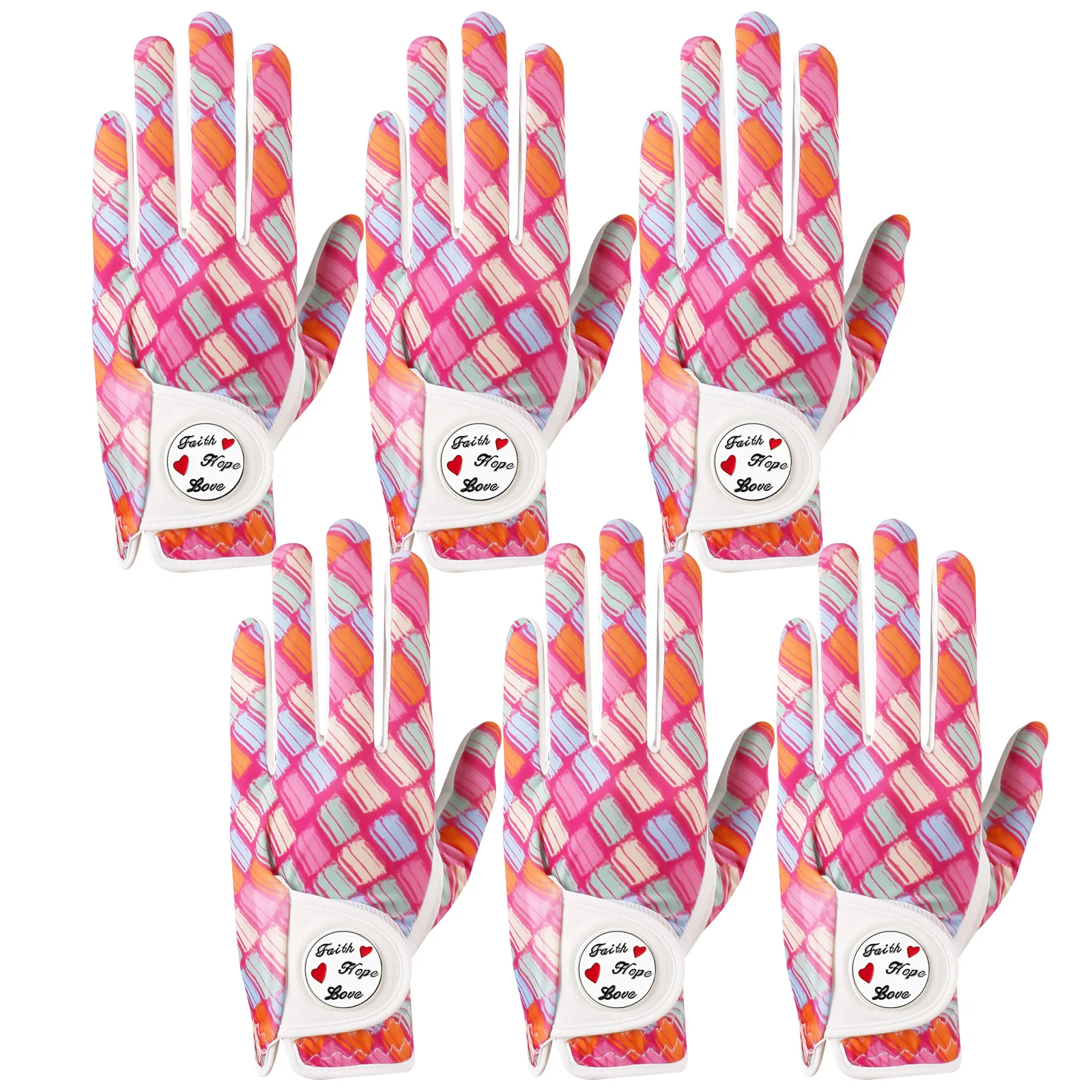 

Women Golf Gloves Right Handed Golfer Left Hand Glove Grip Soft Breathable All Weather Printed Pattern 6 Pack with Ball Marker